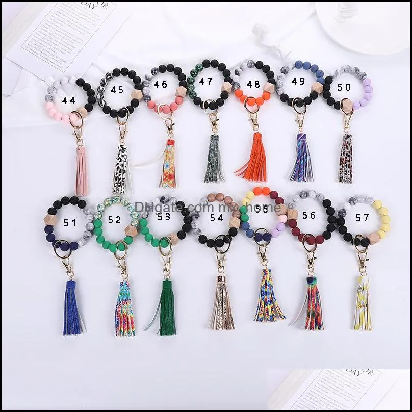 Jewelry 65 Colors Beaded Keychain Party Favor Wooden Tassel String Chain Food Grade Silicone Bead KeyRing Women Wrist Strap Bracelet