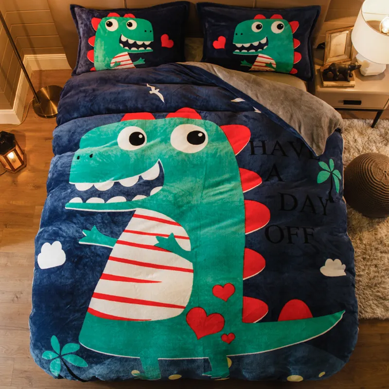 Cartoon Pattern Flannel Bedding Set Dinosaur Print Duvet Cover Bed Sheet och Pillowcases 4pcs En mycket Queen Size Tyger Sets T200706