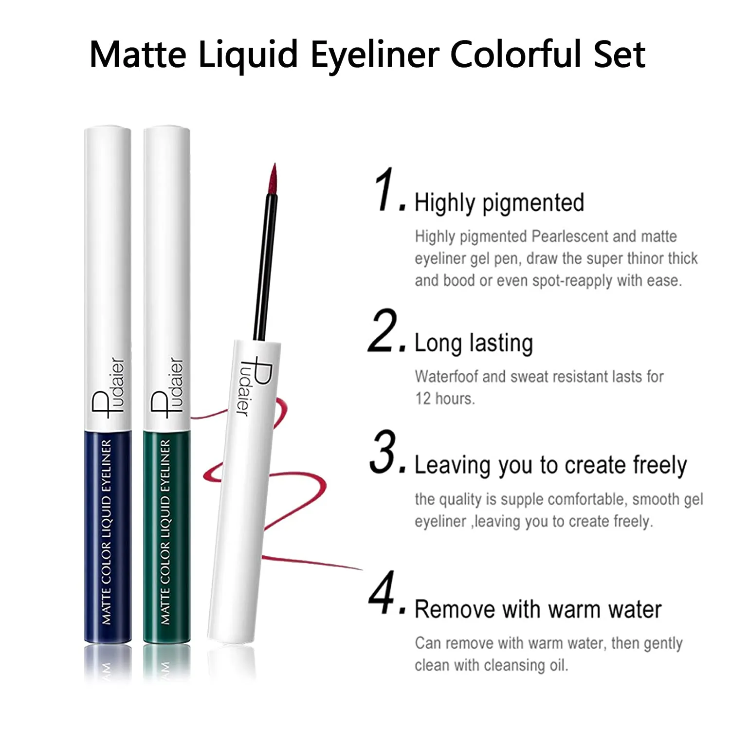 Matte vloeibare rode eyeliner kleurrijke professionele sneldrogend waterdicht zweetveilige langdurige gekleurde eyeliners witte blauwe oog make-up