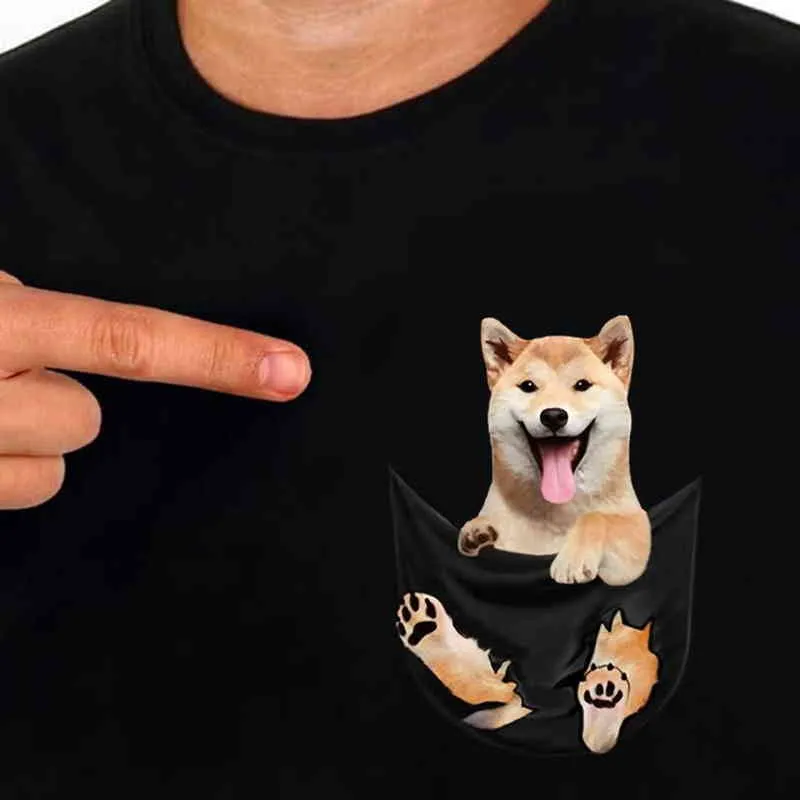 CLOOCL T-Shirt en coton poche de mode mignon Shiba Inu imprimé T-Shirts hommes femmes T-Shirt style décontracté Hip Hop hauts T-Shirts en coton drôle G1222