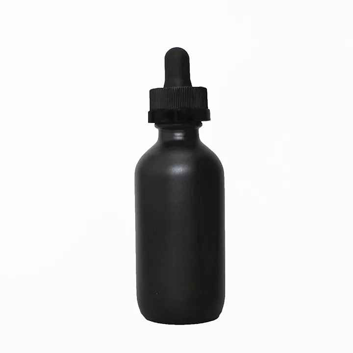 DHgate Assurance 30 50 60 100ml matte black glass essential oil bottle with measuring dropper pipette free ship 2oz beard oil bottle with black press dropper lid