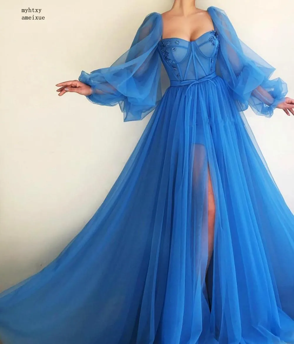 2020 Blue Dubai vestidos de noite longa longa faixa sexy v-pescoço frisado tule vestido formal para a festa de noite roupão barato vestido de longa noite lj201118