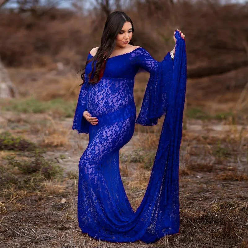 Flare Sleeve Maternity Dresses For Photo Shoot Sexy Lace Pregnant Woman Clothes Long Pregnancy Dress Maxi Gown Photography Props (4)