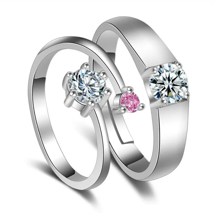 Srebrny pierścionek Regulowane sześcienne cyrkon diamentowe pierścionki zaręczynowe dla kobiet mężczyzn Para pierścionka weselna biżuteria mody Will i Sandy