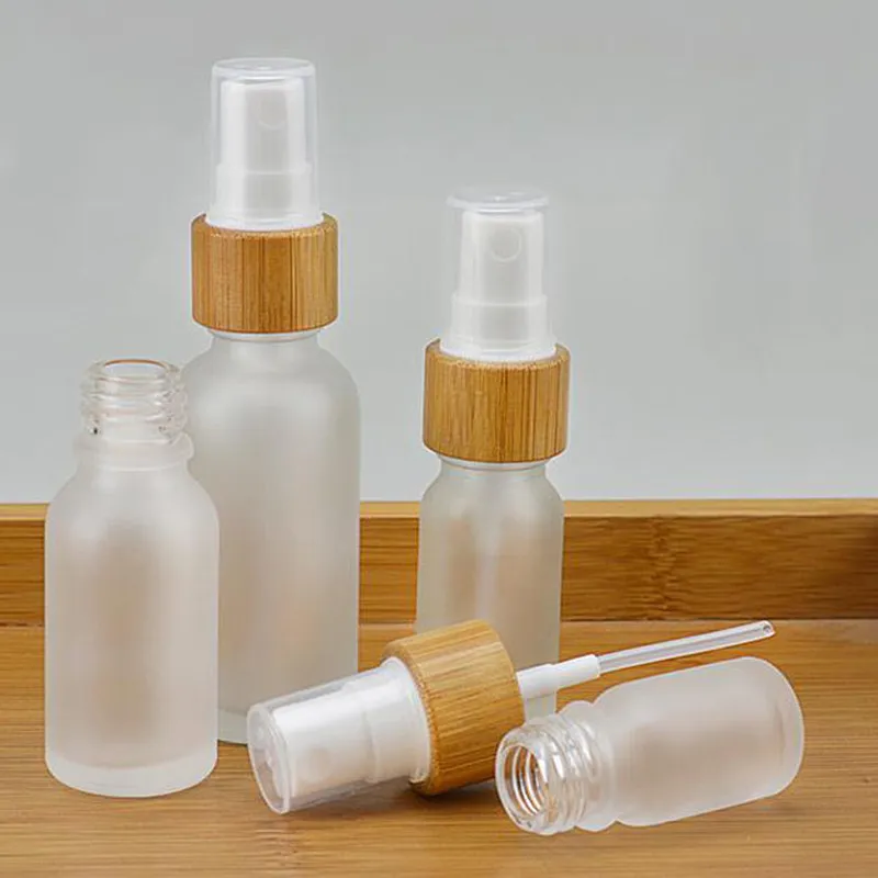 5 10 15ml 30ml 50ml frascos de vidro claros geados com tampa de bambu tampa de perfume Bamboos spray cosmético personalizado