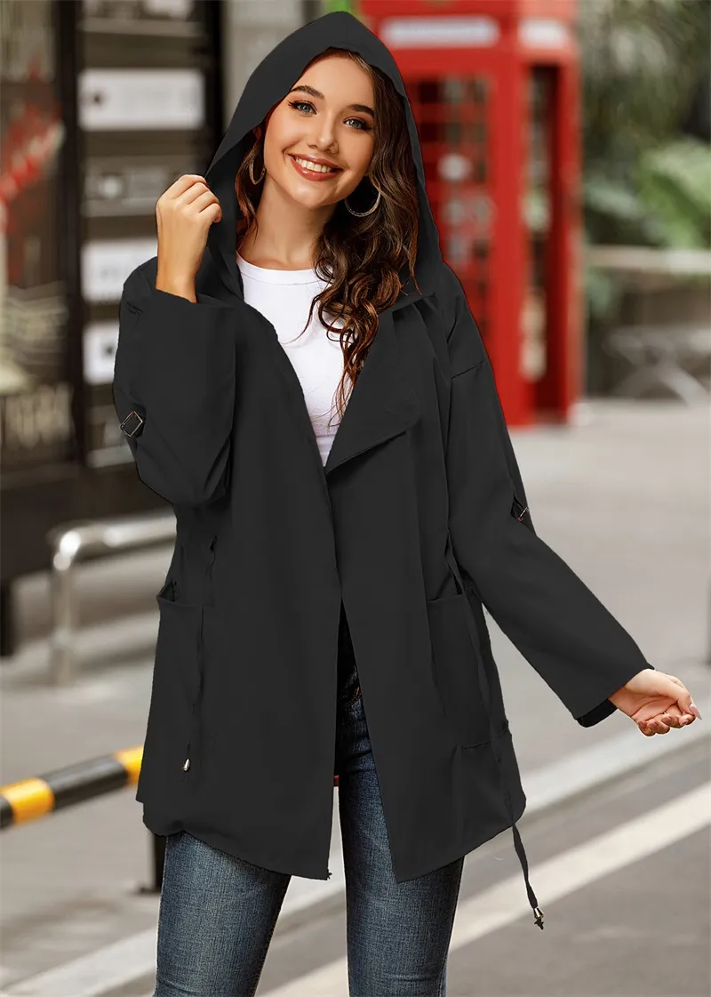 Hot trenchcoat vrouwen kleding casual solide hooded lange mouw windjack losse knop lange regenjas tops jas # 101901