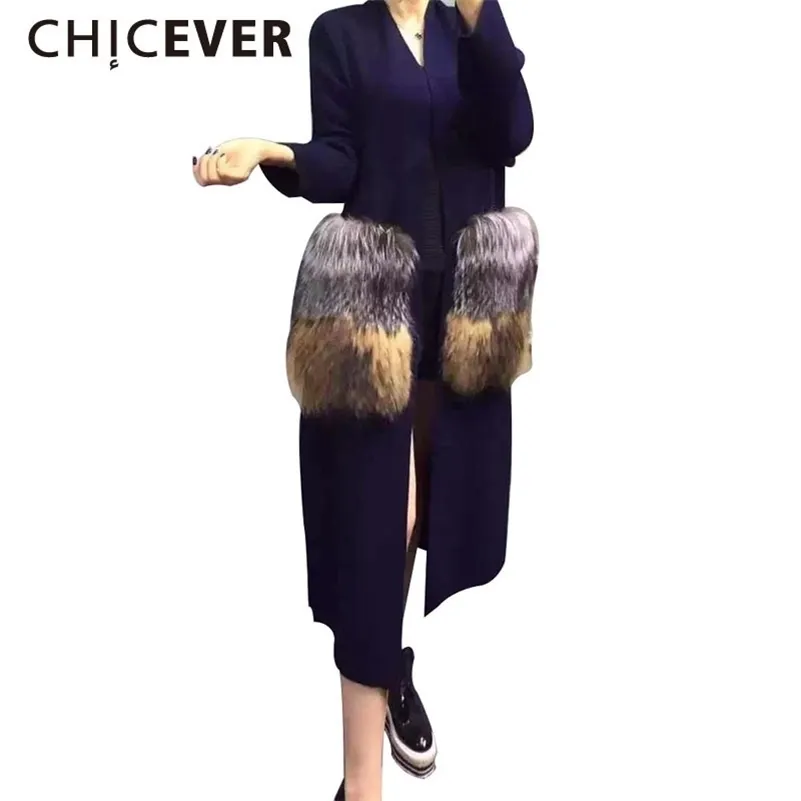 [CHICEVER] Hiver Femmes Attachable Grande Poche De Fourrure Tricoté Long Manteaux Femme Coupe-Vent Casual Cardigan Lâche Tops Vêtements 201031