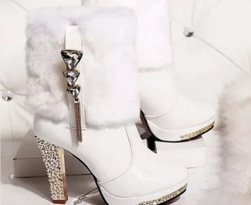 Fashion-Womens-winter-chunky-heel-rhinestone-platform-fur-top-ankle-boots