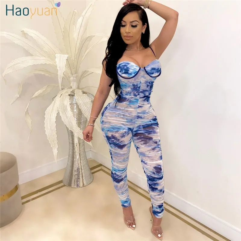 HAOYUAN Sexy Tie Dye Mesh Strampler Frauen Overall Onepeice Club Outfits Geraffte Hosen Spaghetti Strap Bodycon Backless Overalls T200509