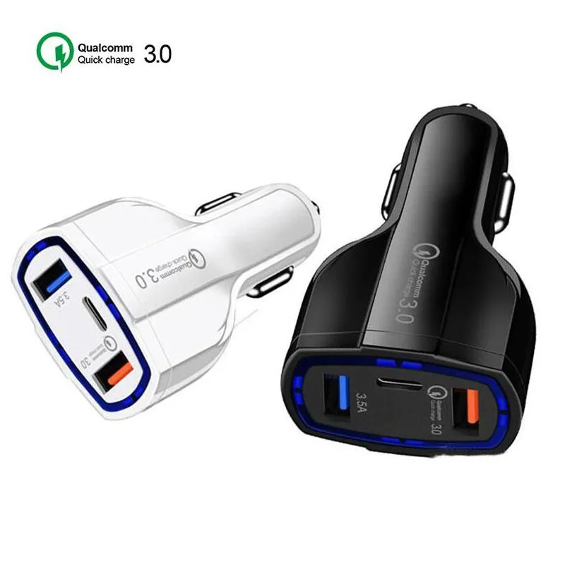 QC3.0 PD Type-C Auto Charger 3.5A USB Fast Charging 3 Ports Mini Snelle opladers 35W 7A Car Adapter zonder pakket