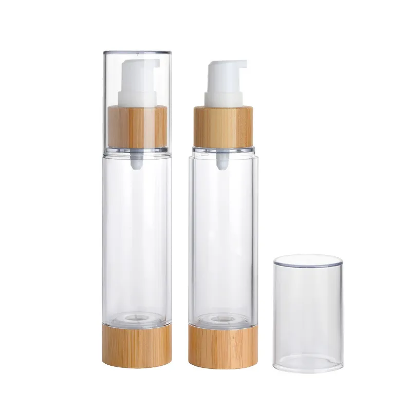 Bouteilles à pompe en bambou sans air de 30 ml 50 ml, contenant de maquillage cosmétique, flacon pulvérisateur pour émulsion, lotion, huile essentielle, parfum, sérum