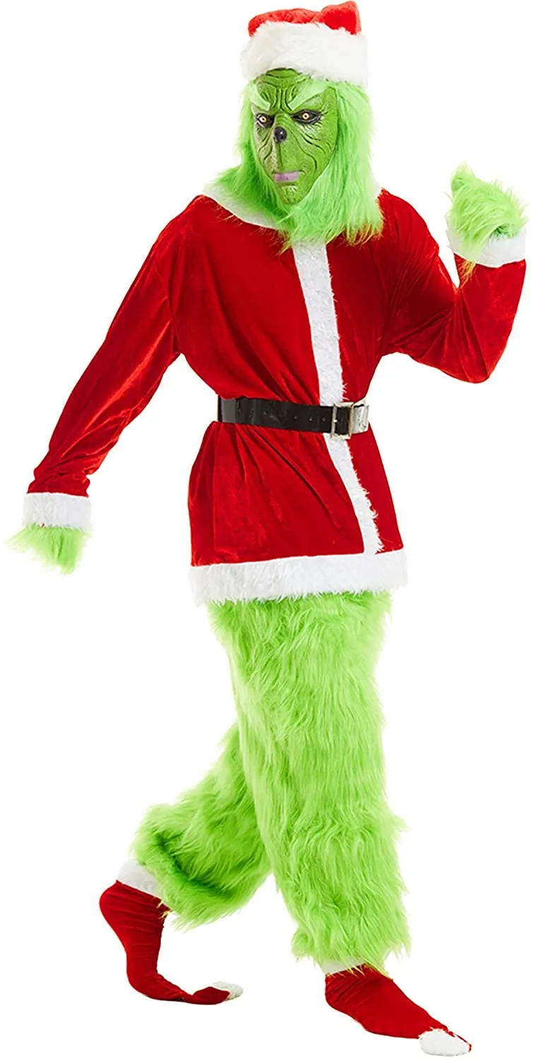 Costume Grinch pour hommes 7pcs Christmas DeLeasel Deluxe Furry Adult Santa  Suit Vert Tenue Vert Dult Vert Christmas Monster Deluxe Costume