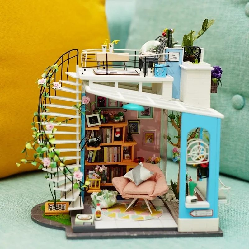 ROBOTIME DIY Dollhouse Wooden Miniature Furniture Kit Mini Green House with  LED Best Birthday Gifts