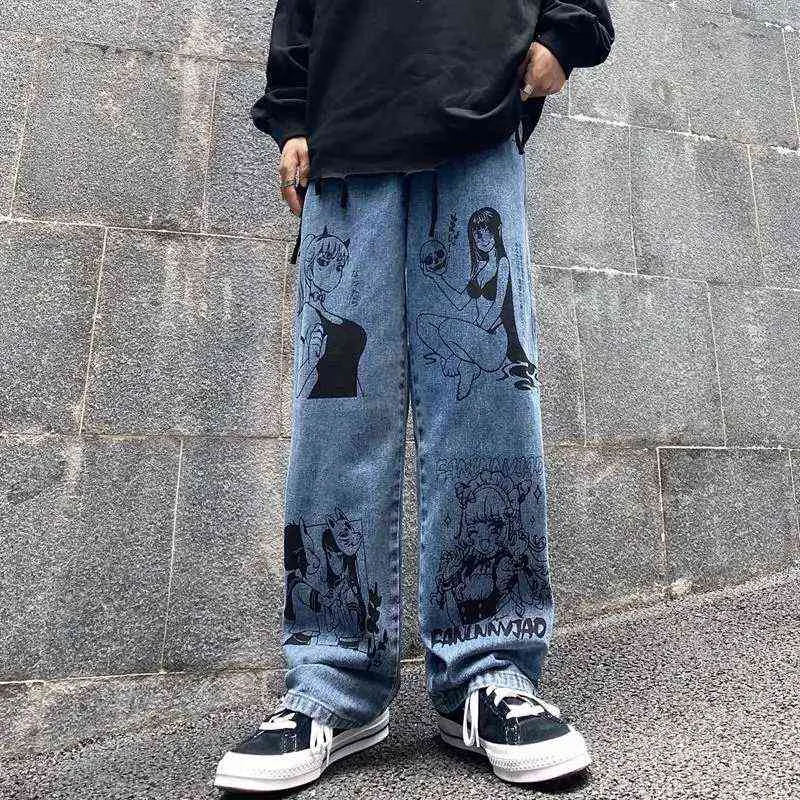 Blue Cartoon Printed Jeans Men's New European and American Streetwear Teen High Maisted Jeans Y2K Plus Size Women Clothing 0309