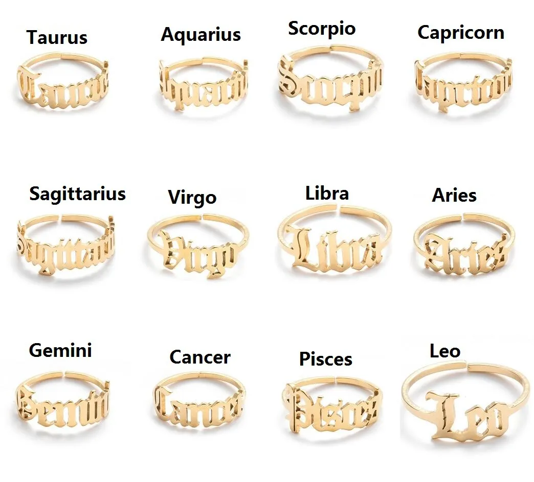 Anneaux réglables en acier inoxydable 12 Constellations lettre anneau pour femme ouverture mariage zodiaque doigt bague anniversaire bijoux cadeau