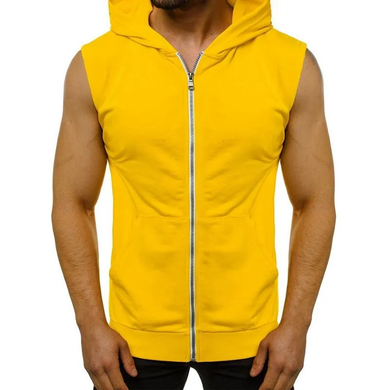 Gilets pour hommes Hommes Fitness Hoodies Débardeurs Débardeurs Sans manches T-shirt Homme Entraînement masculin Poches à glissière Poches à capuche Gilet Solid Statehirt Sportswear