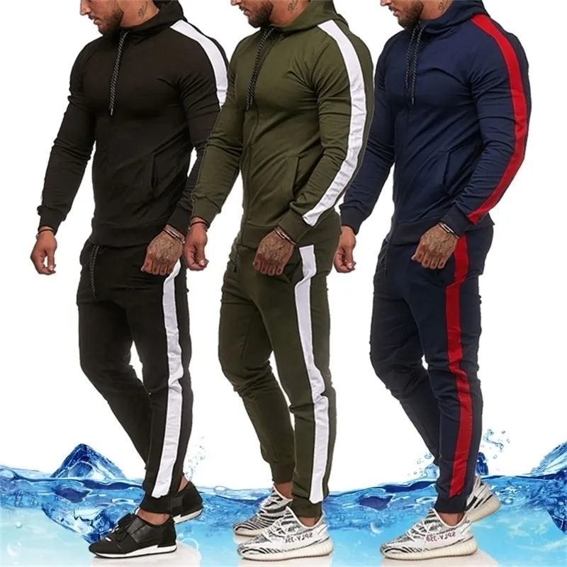 Printemps Automne Survêtement Hommes Ensemble Brand New Striped Sweat + Pantalon Homme Sport Ensembles Rayé Colorblock Joggers Outfits 201130