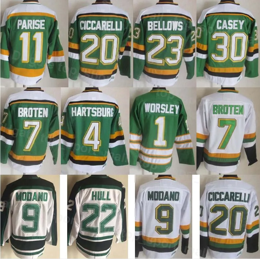 Mężczyźni Vintage Retro Hokej na lodzie 9 Koszulka Mike Modano 7 Neal Broten 23 Brian Bellows 4 Craig Hartsburg 20 Dino Ciccarelli 1 Gump Worsley 30 Jon Casey 11 J P PARISE XingDui