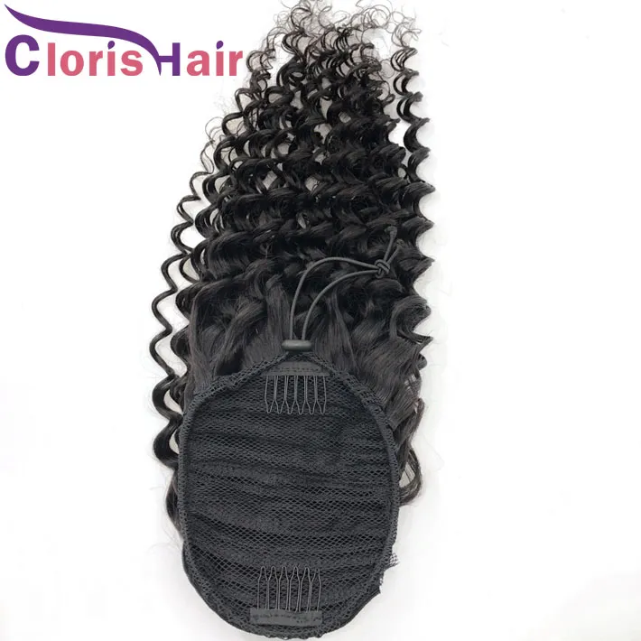 Extensões de rabo de cavalo encaracolado profundamente com clips adjustable cordão de pônei humano virgem peruana caudas para mulheres negras