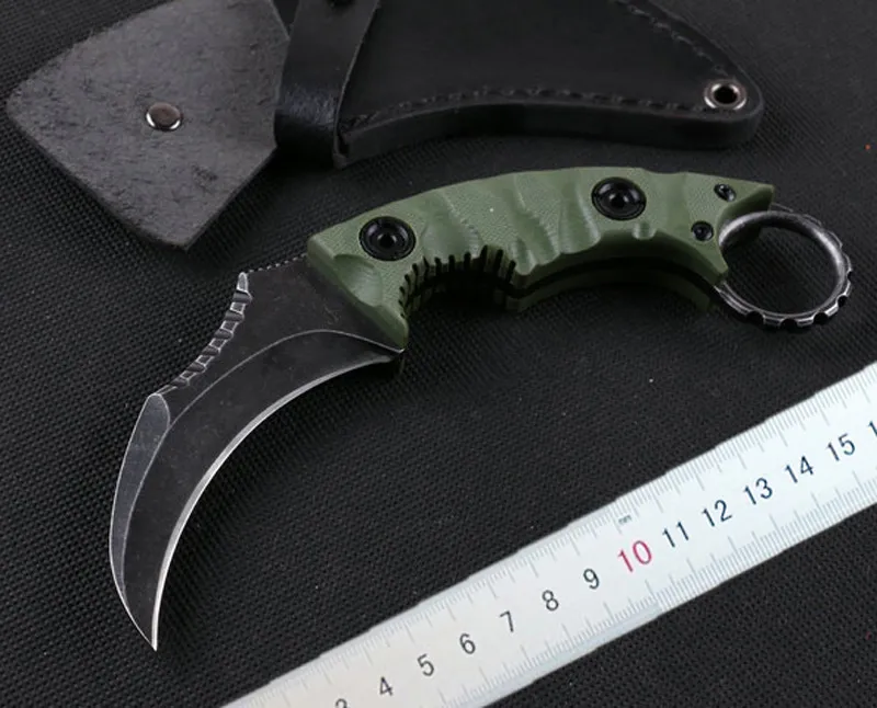 Couteau à griffes tactique extérieur Karambit à lame fixe de haute qualité D2 lame de lavage en satin/pierre poignée Full Tang G10 avec gaine en cuir