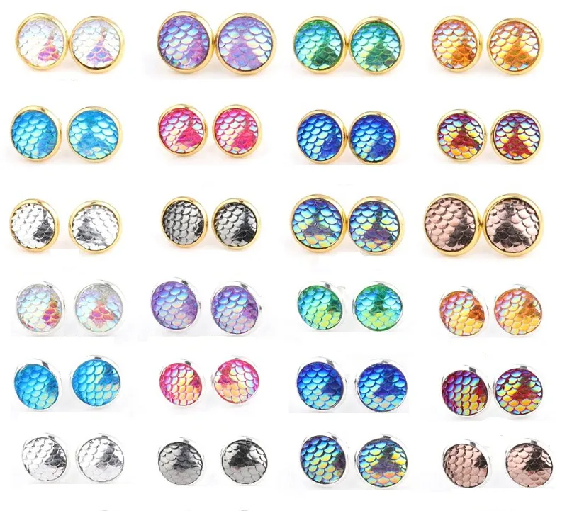 30 Stile, 12 mm, handgefertigte runde Meerjungfrau-Drusenohrringe aus Kunstharz, trendige, schlichte Edelstahl-Harzohrringe für Damenschuppen-Ohrringe