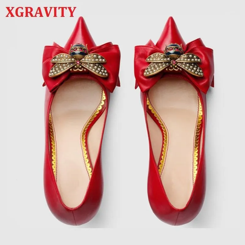 XGRAVITY mince Sexy talon conception chaussures populaire abeille concepteur charmante femme de mariée robe chaussures Sexy fille dame bout pointu A1301