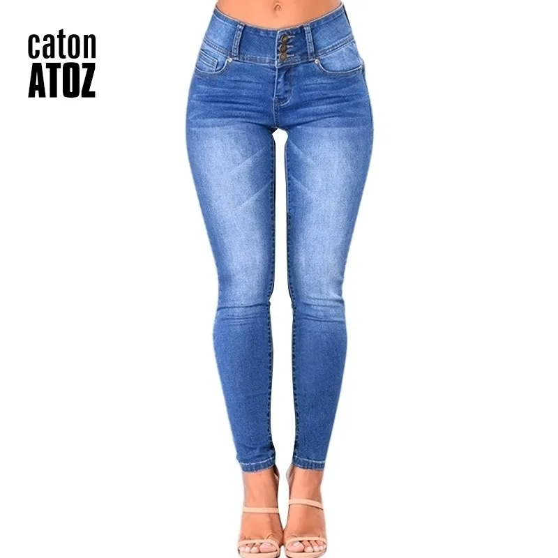 CatonATOZ 2143 Mom Neue Frauen Bleistift Stretch Skinny Mid Hohe Taille Hosen frauen Blau Slim Denim Jeans 201102