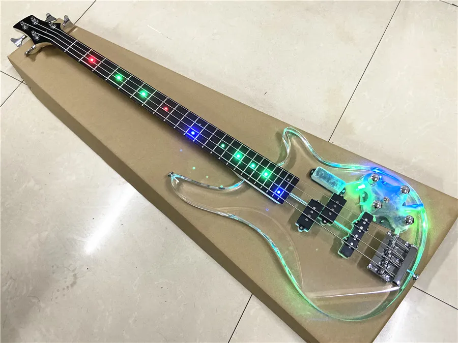 Nieuwe kristallen plexiglas acryl transparant 4 string elektrische bas kleur led flikkering esdoorn xylofoon nek vrij van verzending