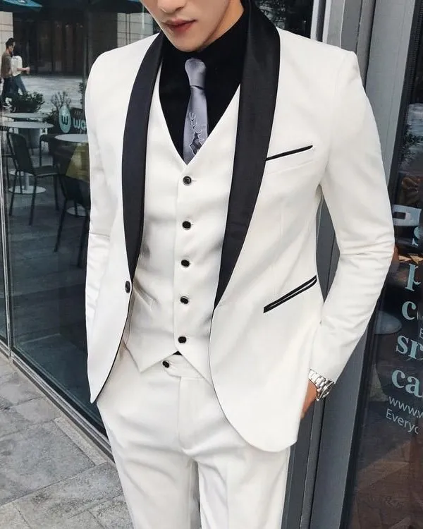 Совершенно новые Groomsmen Shawle Black rapel Groom Tuxedos Белые Мужские Костюмы Свадьба / выпускной / Ужин Лучший мужчина Blazer (Куртка + Брюки + галстук + жилет) K920