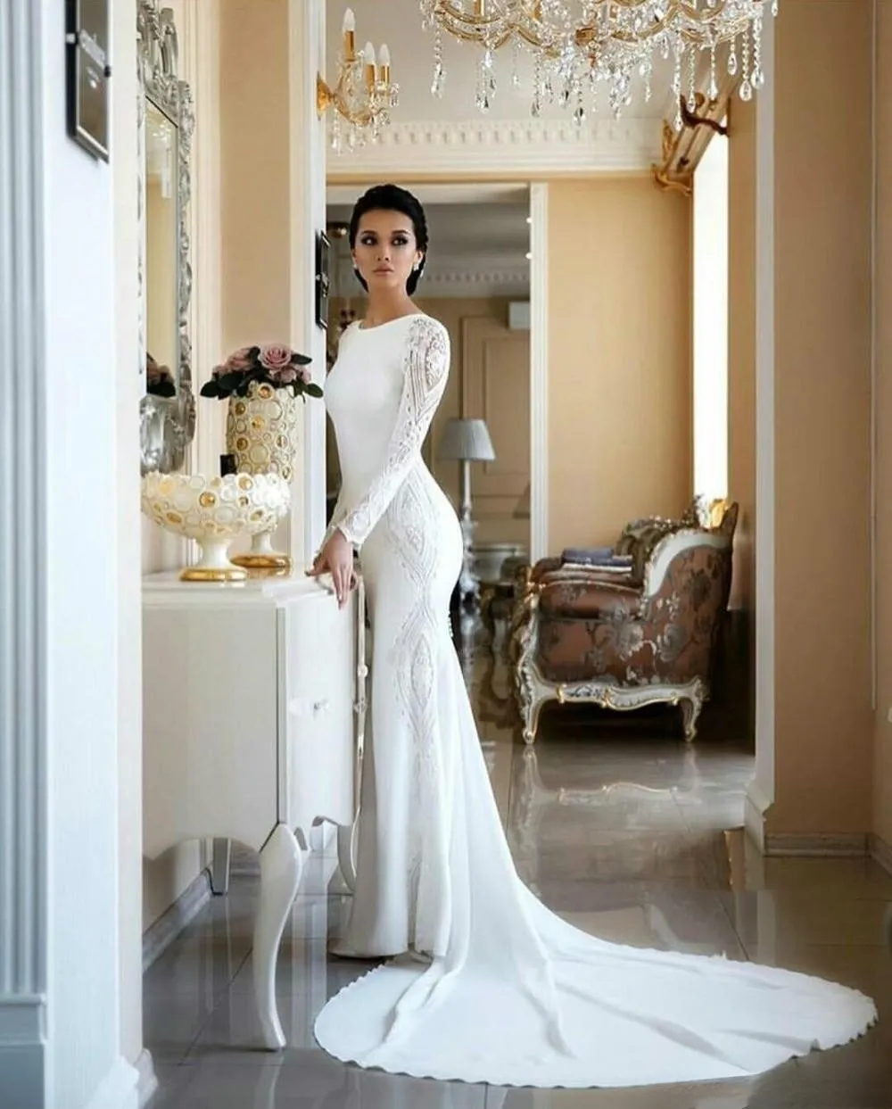 2020 Elegant Long Sleeve Mermaid Wedding Dress with Lace Appliqued Satin Boho Beach Wedding Gowns Sequined Vestido De Novia