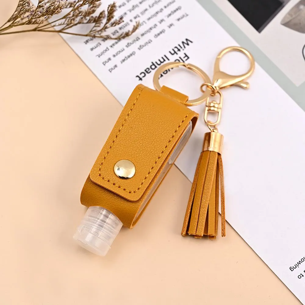 Party Favor Hand Sanitizer Holder With Bottle PU Leather Cover Tassel Keychain Portable Disinfectant Case Empty Bottles Holders Keychains DH9585