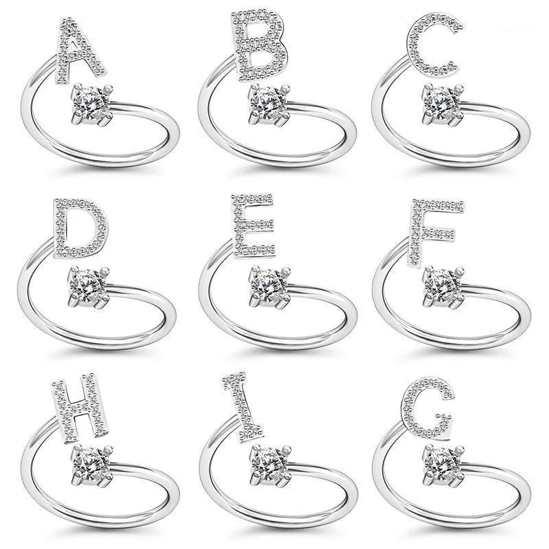 Anillos de racimo A-Z Letras Anillo para mujeres Zircon Iniciales abiertas Nombre Alfabeto Fiesta Ajustable Novia Regalo Joyería de moda1