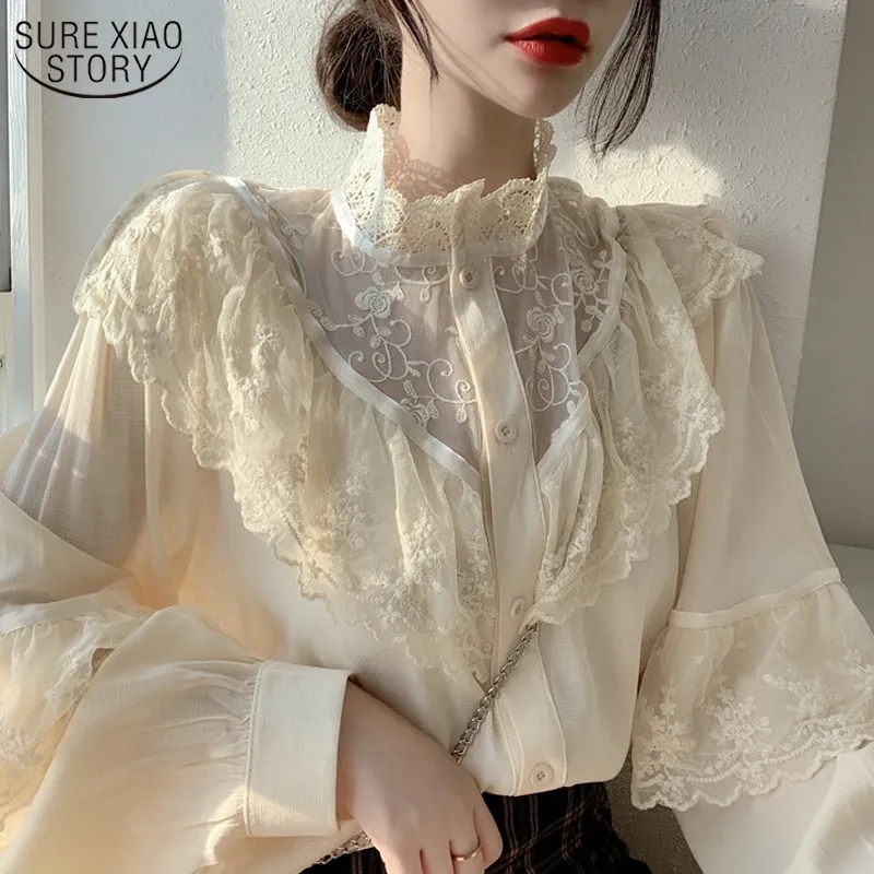 Automne coréen doux vêtements lâches lacets à volants femmes blouses mode stand collat dames hauts vintage dentelle chemises femmes 11335 201201