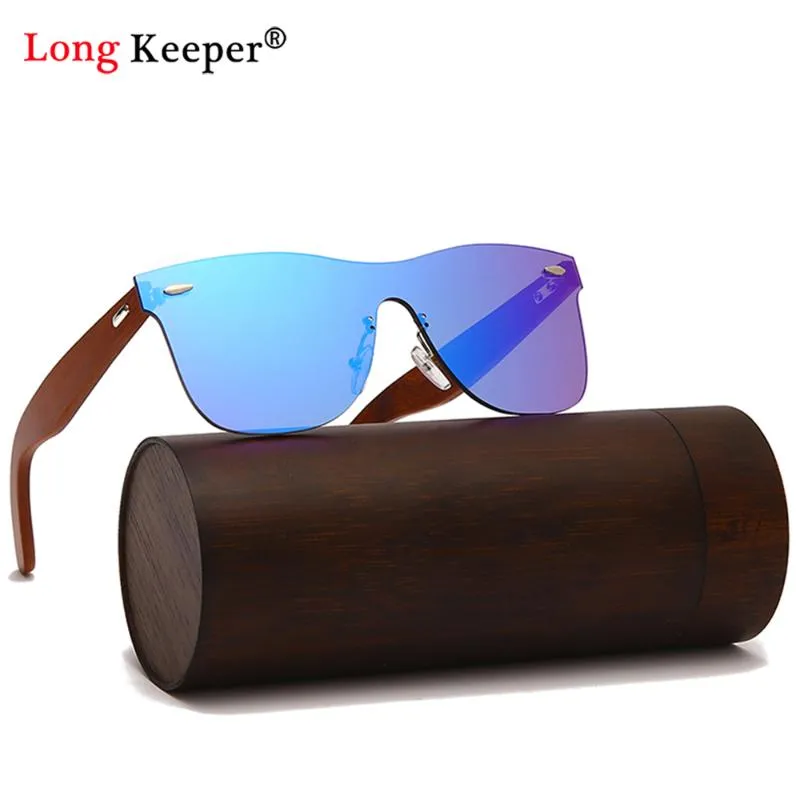 Natural Bamboo Wooden Sunglasses Men Wood Sun Glasses Brand Designer Vintage Mirror Coating Lens Eyewear With Gift Box Blue