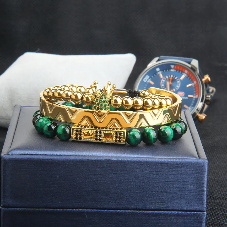 3Pcs Set Crown Bangel Bracelet For Men Green CZ Crown Braiding Bracelet Fashion Stainless Steel Cuff Jewelry295t