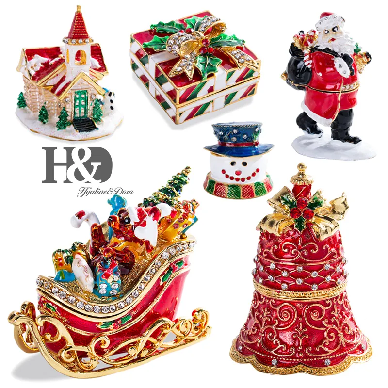 H&D 5 styles Hand Painted Trinket Boxes Figurine Jeweled Santa Claus Bear Sled Christmas Pattern Hinged Jewelry Box Xmas Gift 201210
