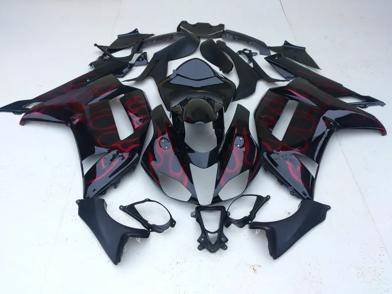 Injectie Mold Fairing Body Kit voor Kawasaki Ninja ZX6R 636 07 08 ZX 6R 2007 2008 Rode vlammen Black Backings Carrosserie + Geschenken KB37