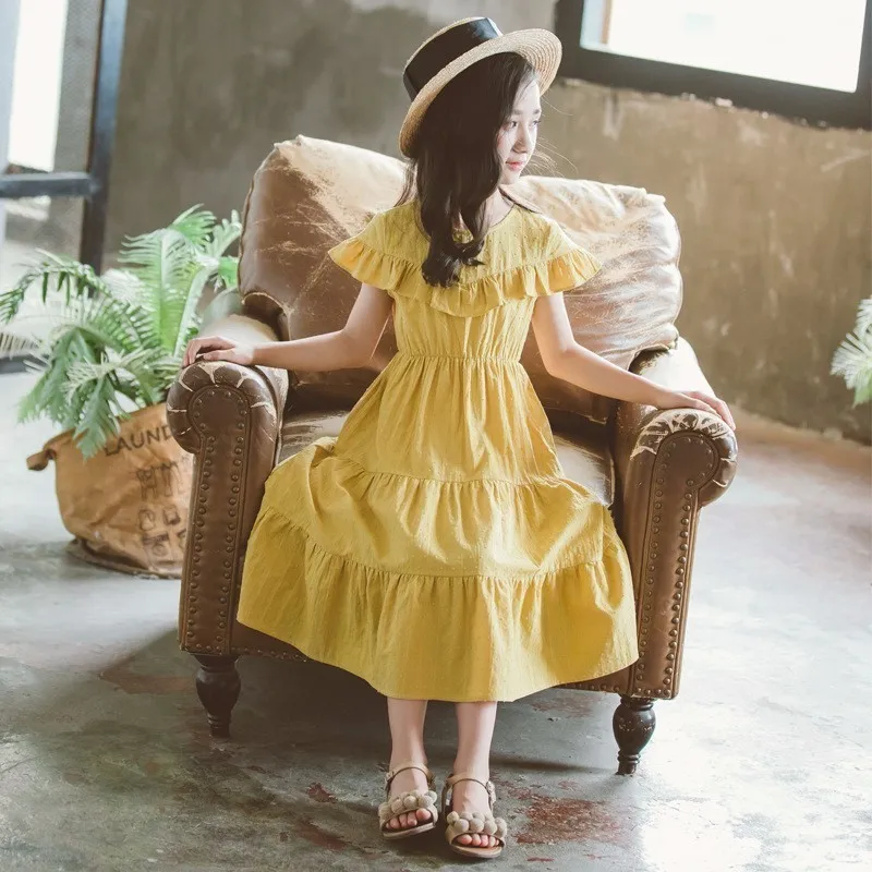 어머니와 딸 옷 큰 소녀 면화 드레스 여름 긴 십 대 공주 드레스 여자 노란 아이 의류 패션 LJ200923
