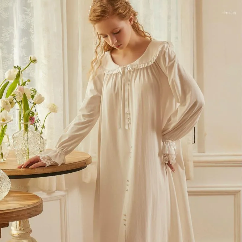 Kvinnors sömnkläder nattklänning lång klänning bomull kvinnor ärm Sleep Wear Lady Simple Retro Night Gown1