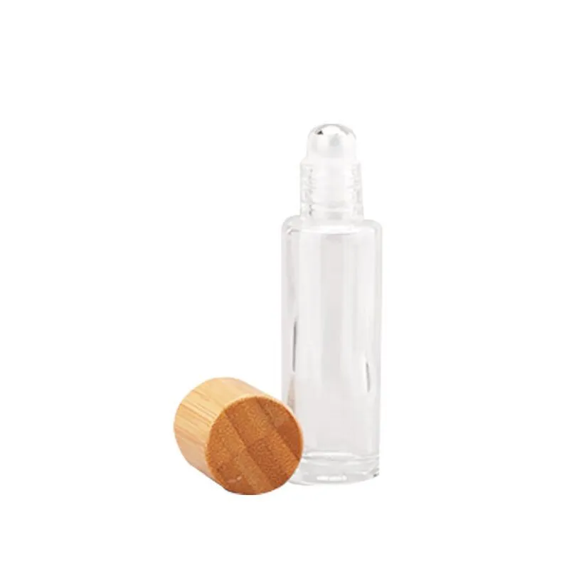 10 ml hoogwaardige bamboe roll on fles (stalen bal), bamboos cap bal parfum flessen etherische olie