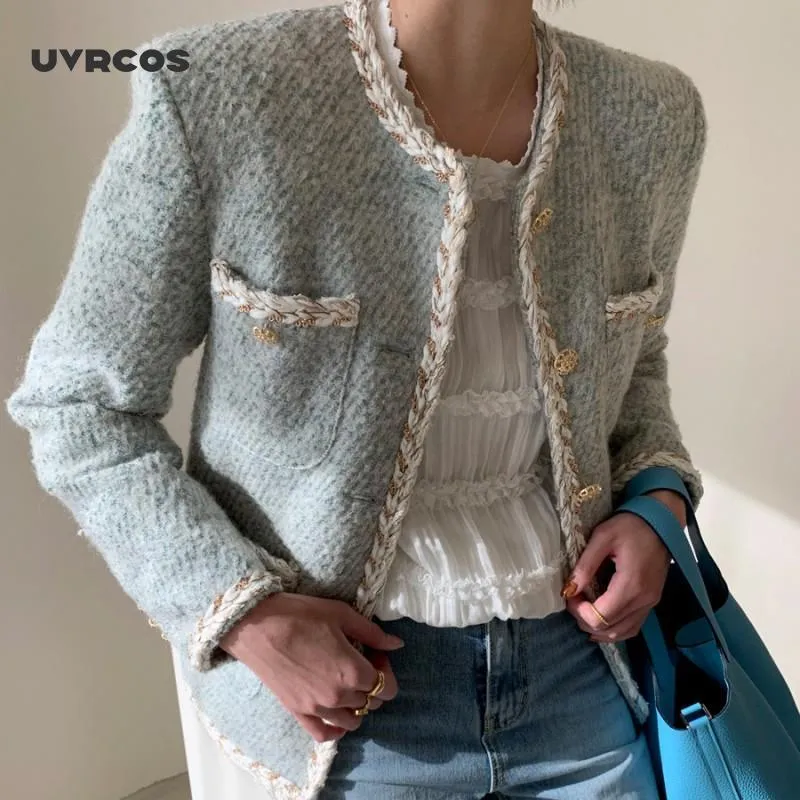 Women's Jackets UVRCOS Autumn Winter Tweed Coat Women Long Sleeve Single Breasted Korean Style Minimalist Ladies Jackets Elegant Vestidos