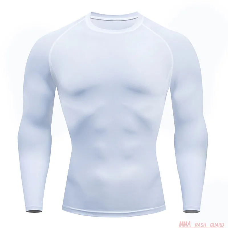 Casual fitness T-shirt biały męska top z długim rękawem kompresji ścisłej wysypki Mężczyzna MMA Workout zimowy Ciepła warstwa bazowa jogging 1118