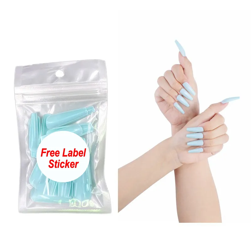 Naf010 20pcs Partihandel Pris Lång kista Tryck på Nails Candy Color Full Cover Acrylic Nail Tips Ballerina Fake Nails Tillbehör