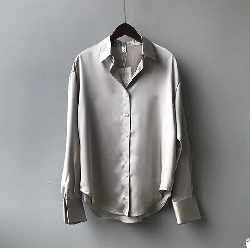 Women's Autumn Satin Silk Blouse – Vintage White Button Up, Long Sleeve (S-3XL)