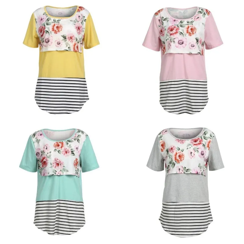 Mulheres maternidade tops amamentação amamentando t-shirt listrado manga curta t-shirt de impressão flor veste roupas primavera outono 20220303 h1