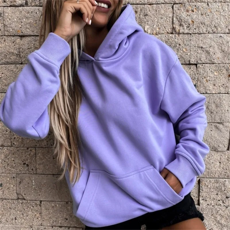 Purple Hooded Women s fleece sweatshirt womens with Pockets Autumn Fashion Streetwear Casual Loose Fit Hoodie for Ladies 201211