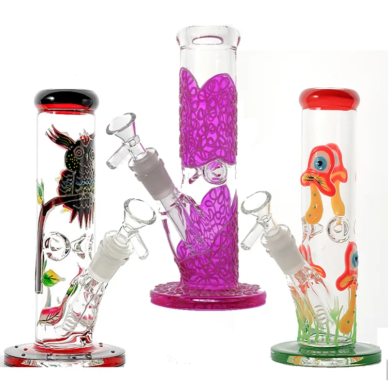 Karanlıkta Glow Heady Cam Bong 3D Mantar Baykuş Desen Su Borular Düz Perc Yağ Dab Kuleleri Dağınık Downstem Hookahs LXMD20106 ile