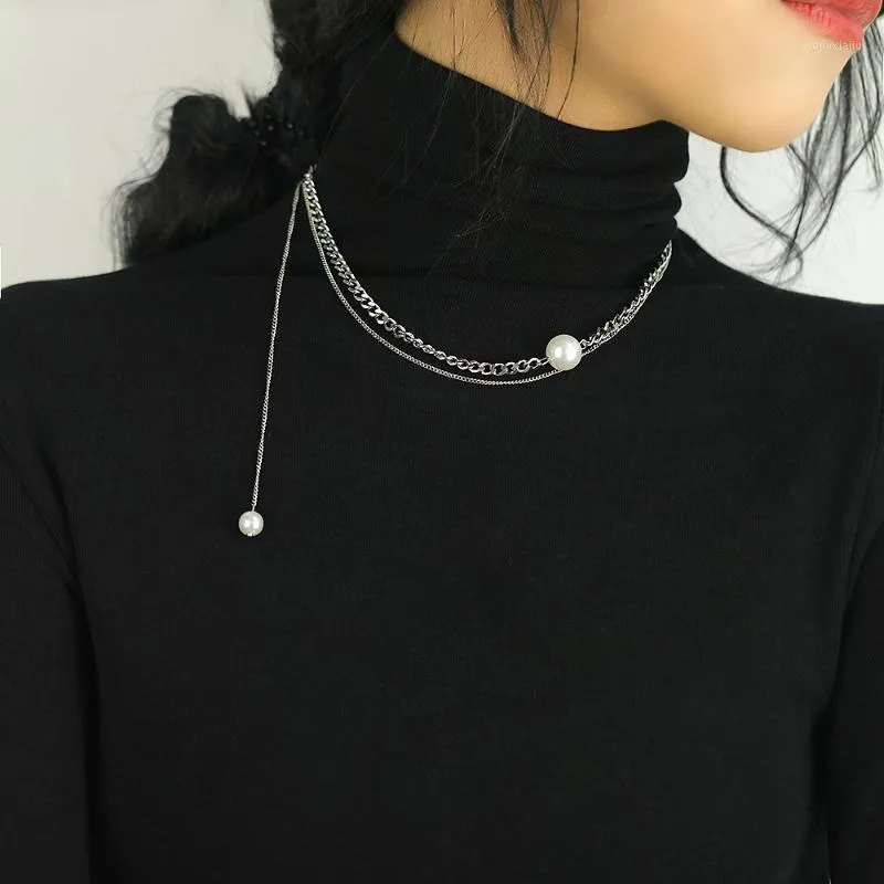 Hängsmycke Halsband Halsband för kvinnor Smycken Rostfritt Stål Sweater Chain Titanium Pearl Clavicle