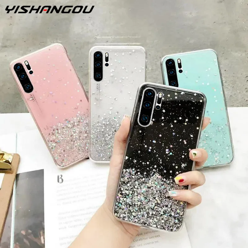 Zachte glitter transparante TPU telefoonhoesje voor Huawei P40 P30 P20 PRO Mate 20 10 Lite P Smart 2020 Z Plus Y9 Prime 2019 Bling Cover