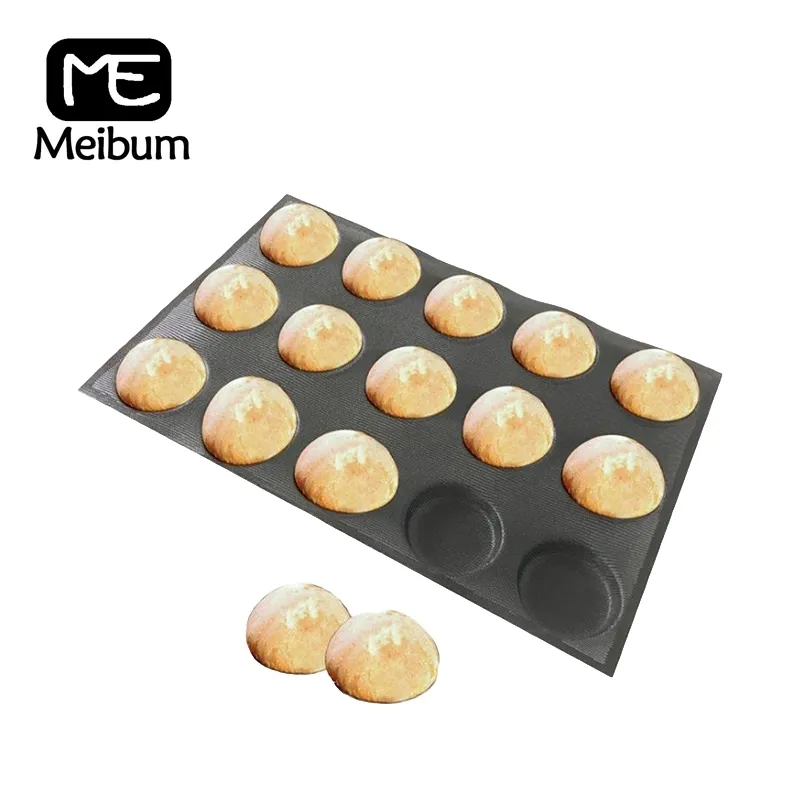 Meibum 15 cavità fai da te muffin rotondo vassoio del pane hamburger panino cuocere stampo antiaderente nero poroso in fibra di vetro stampo in silicone Y200618